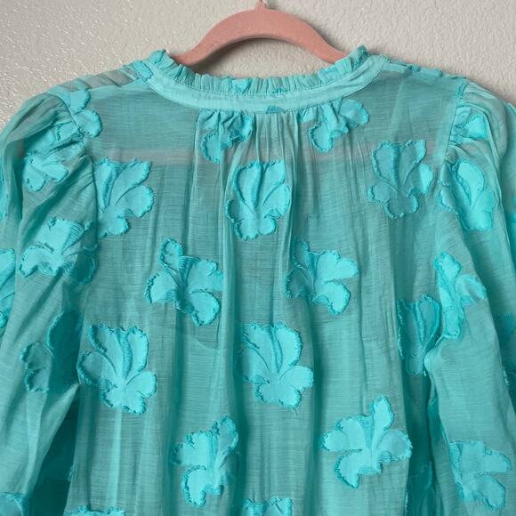 Sundance Dress Women Small Teal Fanciful Floral Mini Puff Sleeve Peplum Babydoll - Picture 7 of 11